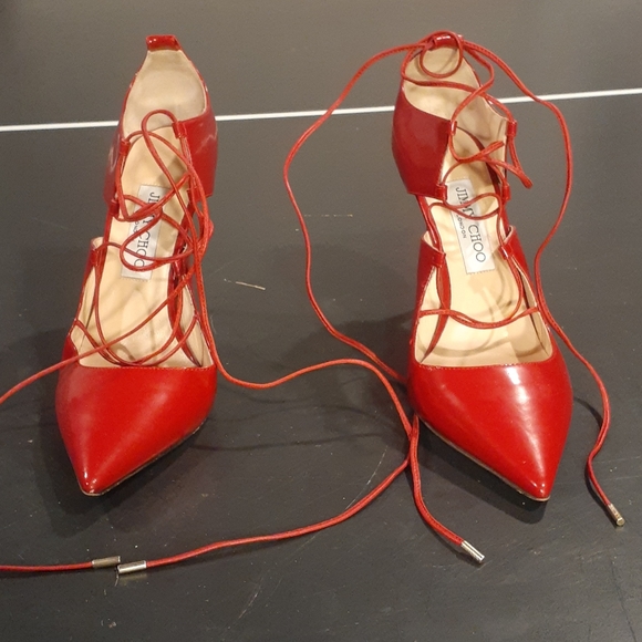 Jimmy Choo Shoes - Sexy Red JIMMY CHOO STILLETTO LACE UP HEELS 39.5